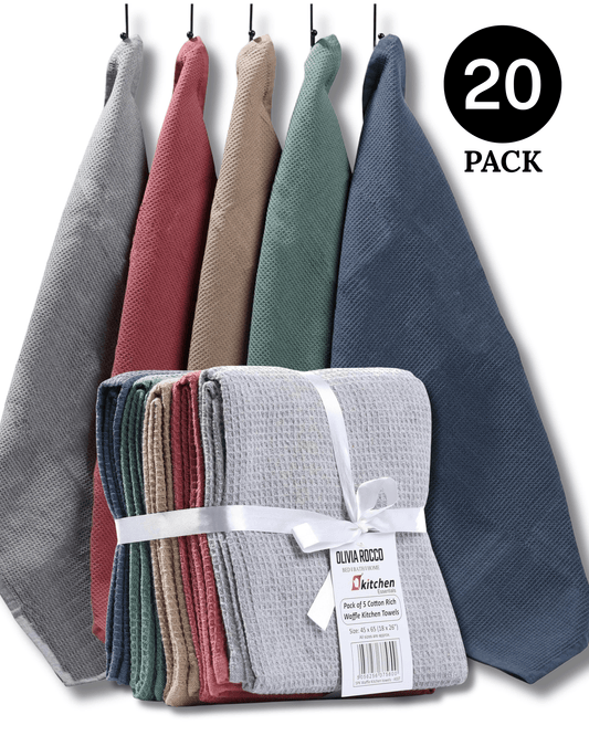 20 Pack Tea Towel Set Waffle Weave 100 Percent Cotton Absorbent Kitchen Towels