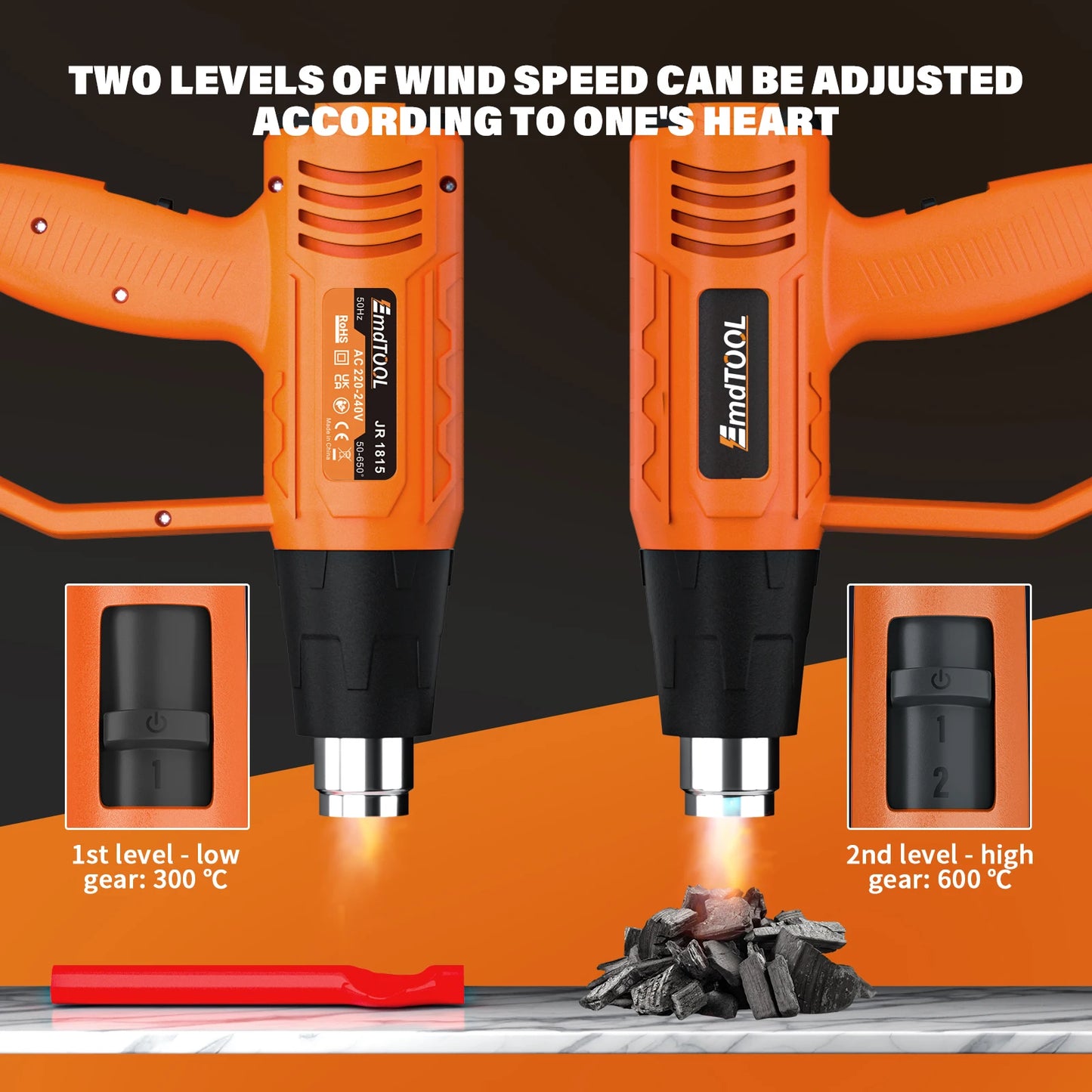 Two orange heat guns with adjustable wind speed on a black background