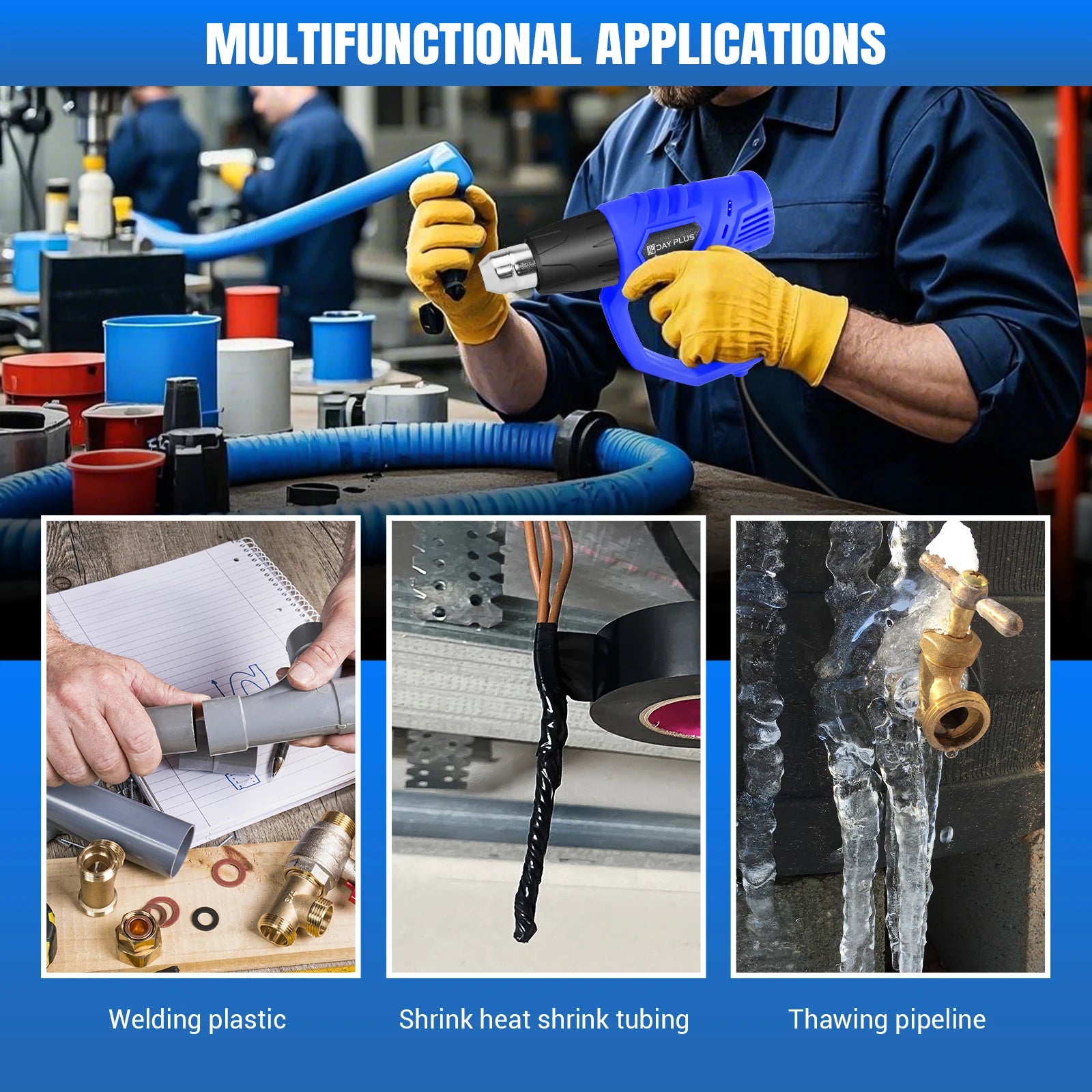 Person using a tool with multifunctional applications on a blue background
