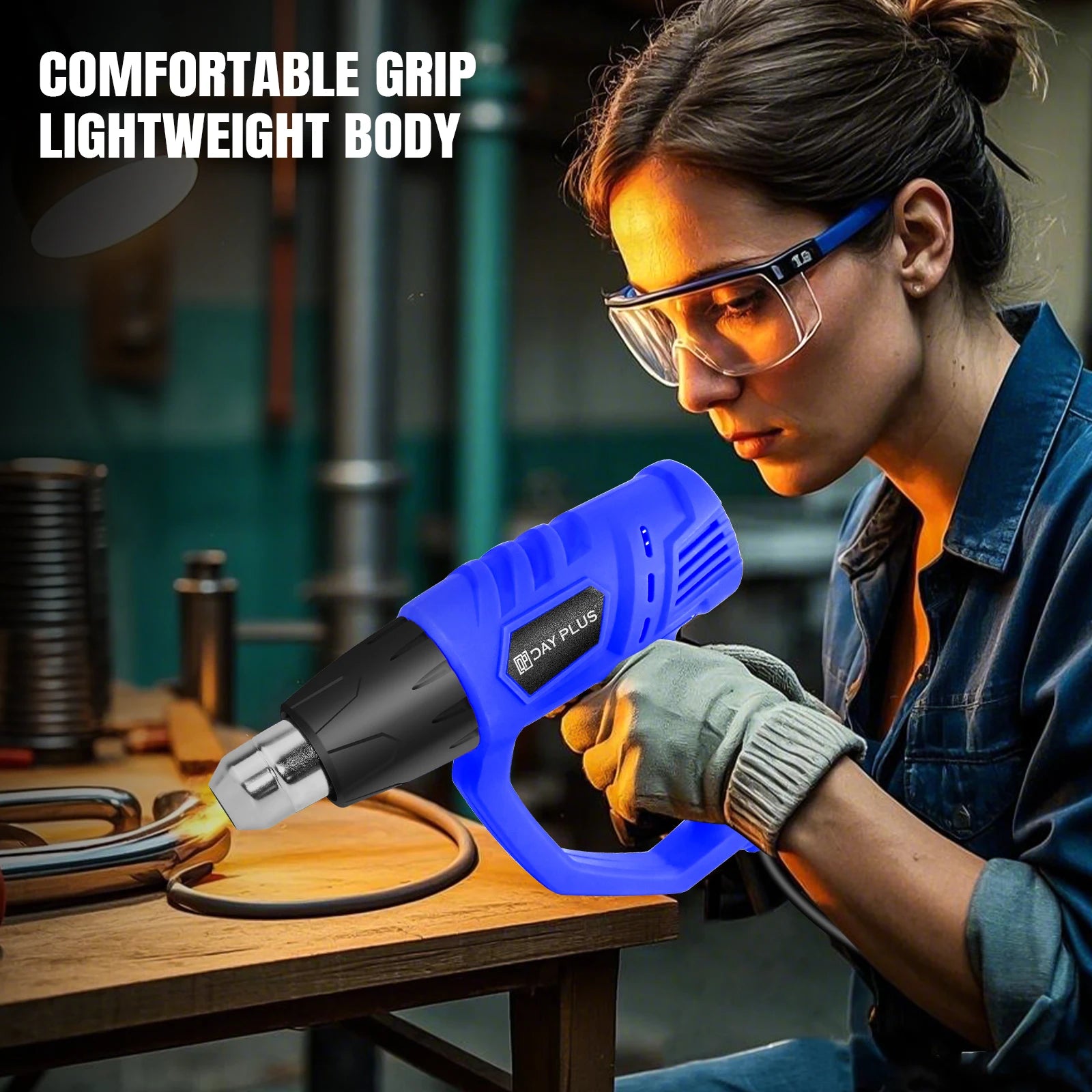 Person using a blue heat gun with text about comfortable grip and lightweight body