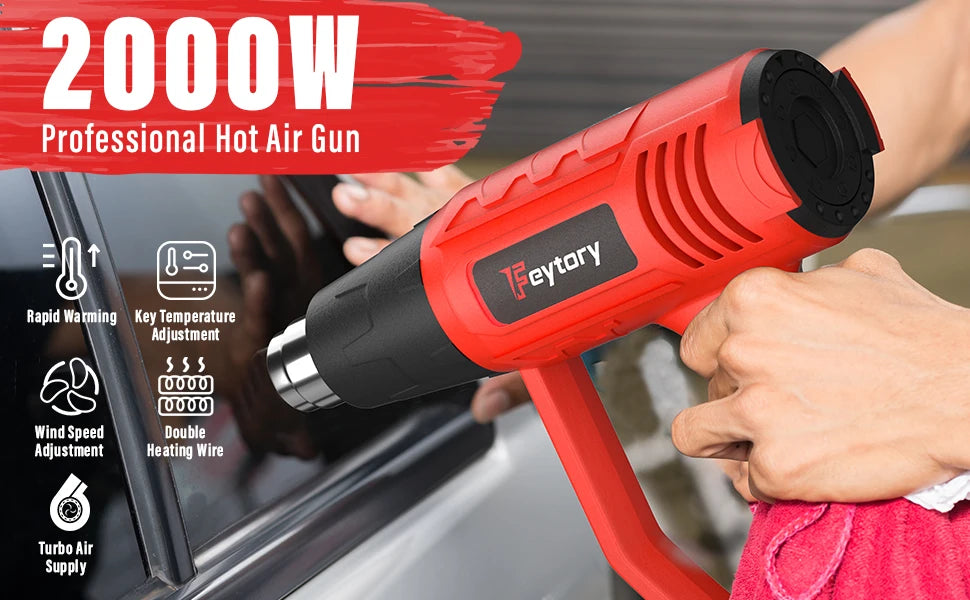 Red hot air gun with key features highlighted, held by a person.