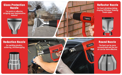 Collage of a heat gun with different nozzles and their uses on various materials.