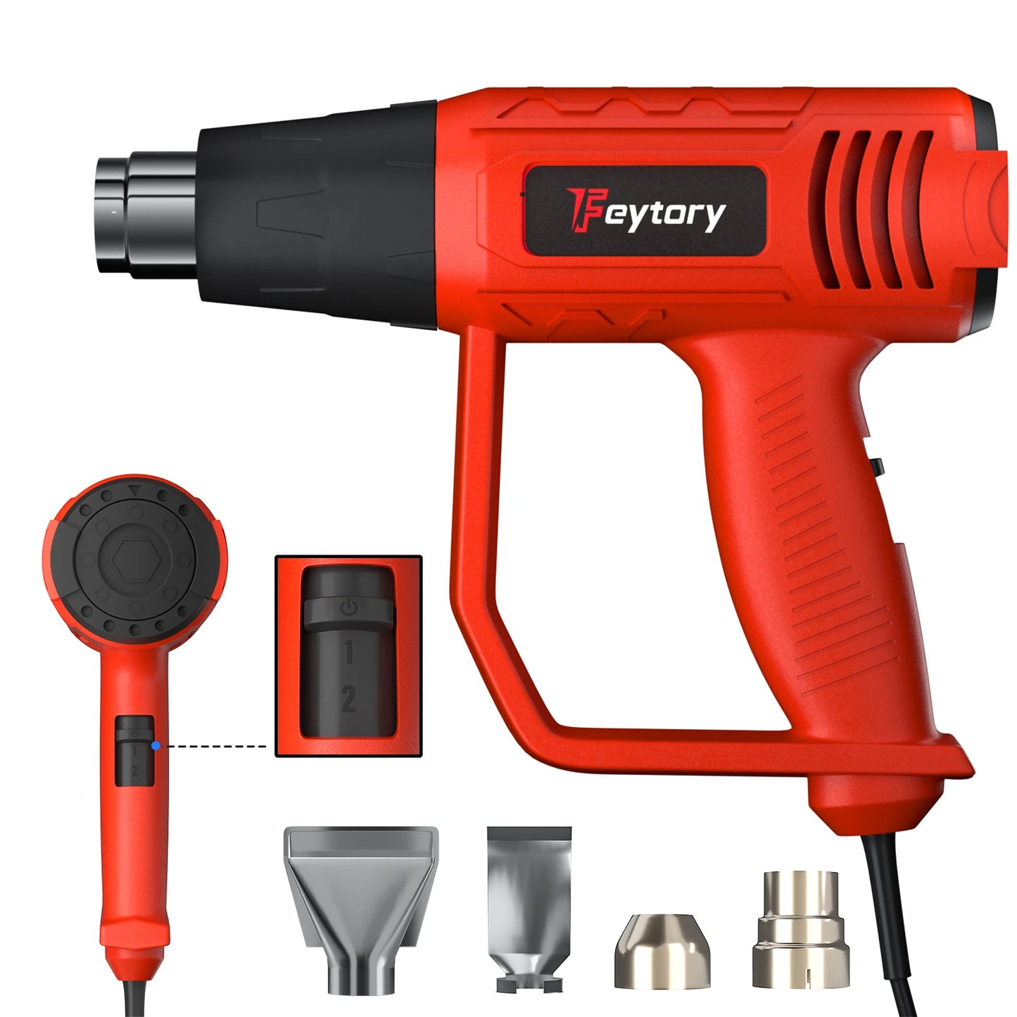 Red heat gun with various nozzles on a white background