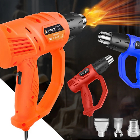 Hot air gun with various nozzles and flame application on a dark background