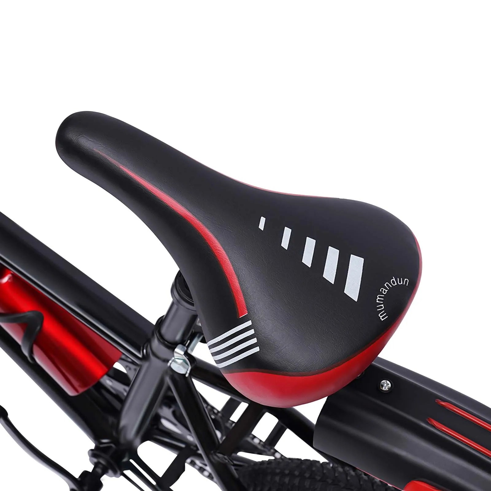 Close-up of a bicycle seat with red and black design on a white background