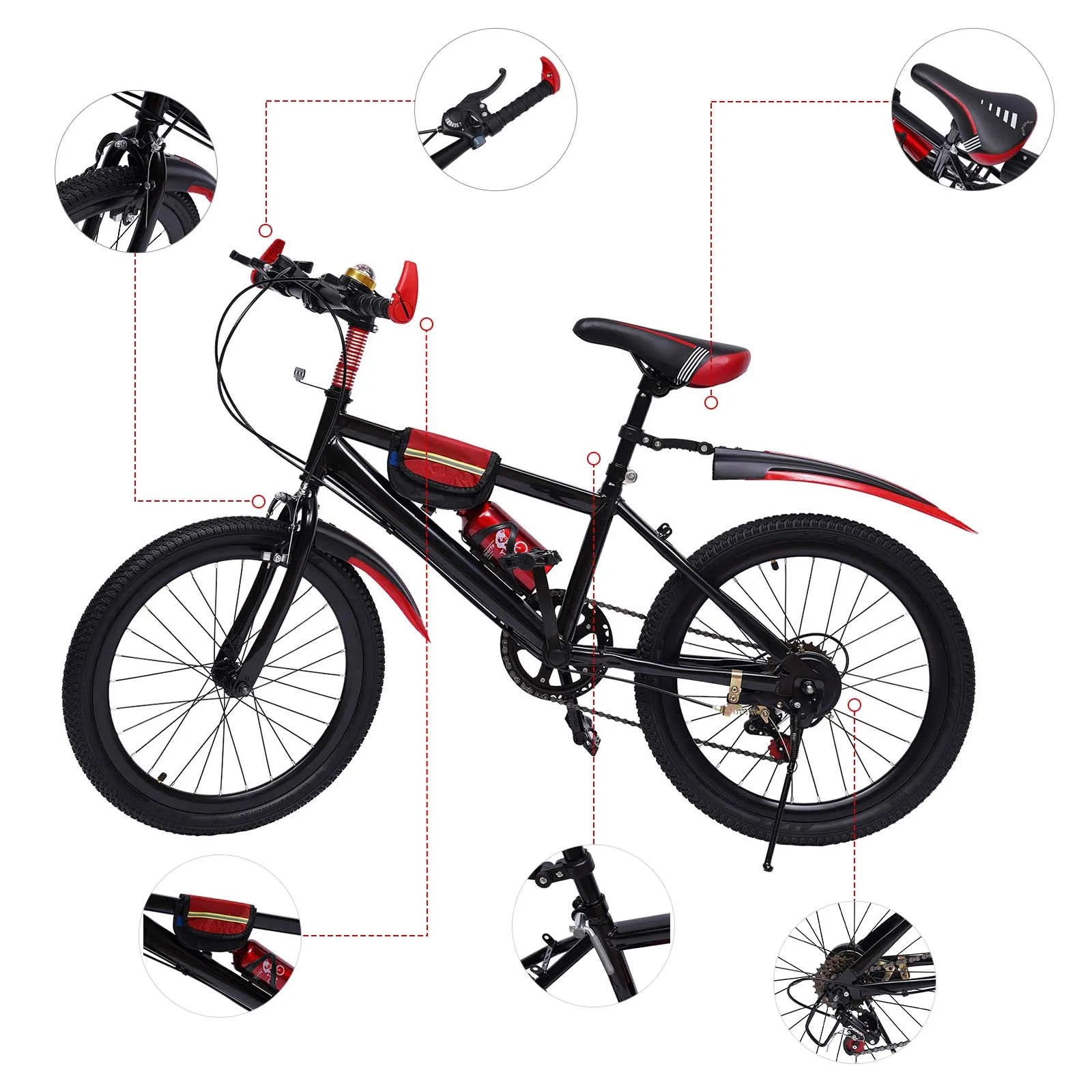 Black and red bicycle with close-up details on a white background