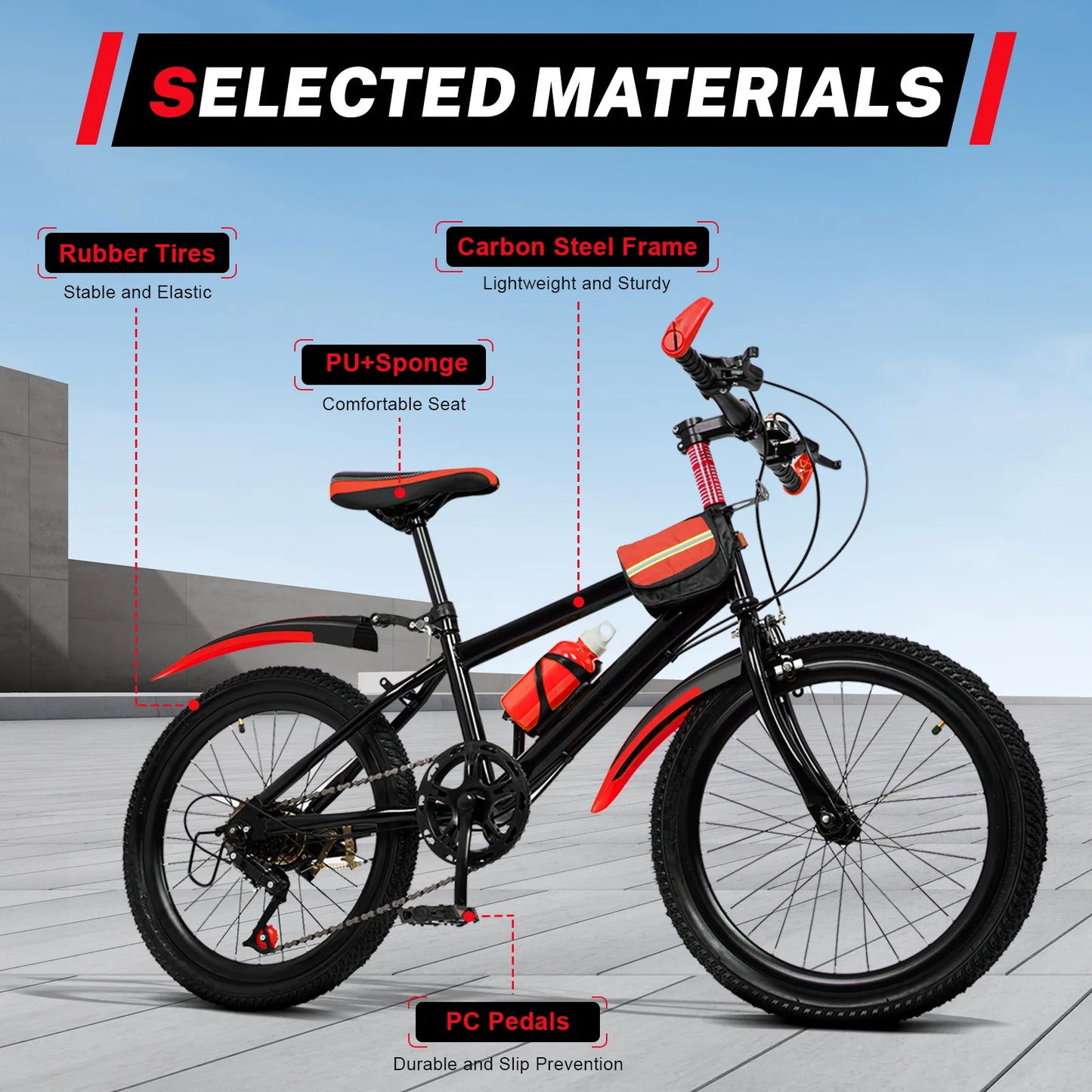 Children's bicycle with labeled materials on a gray background