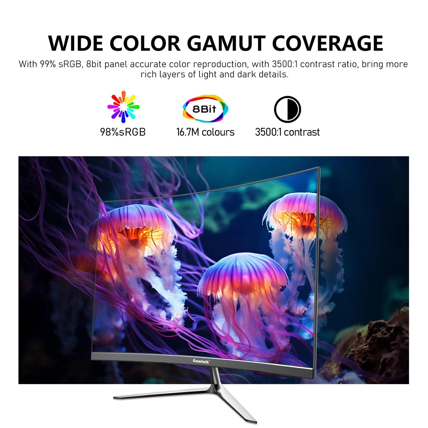 Computer monitor displaying colorful jellyfish with text about wide color gamut coverage.