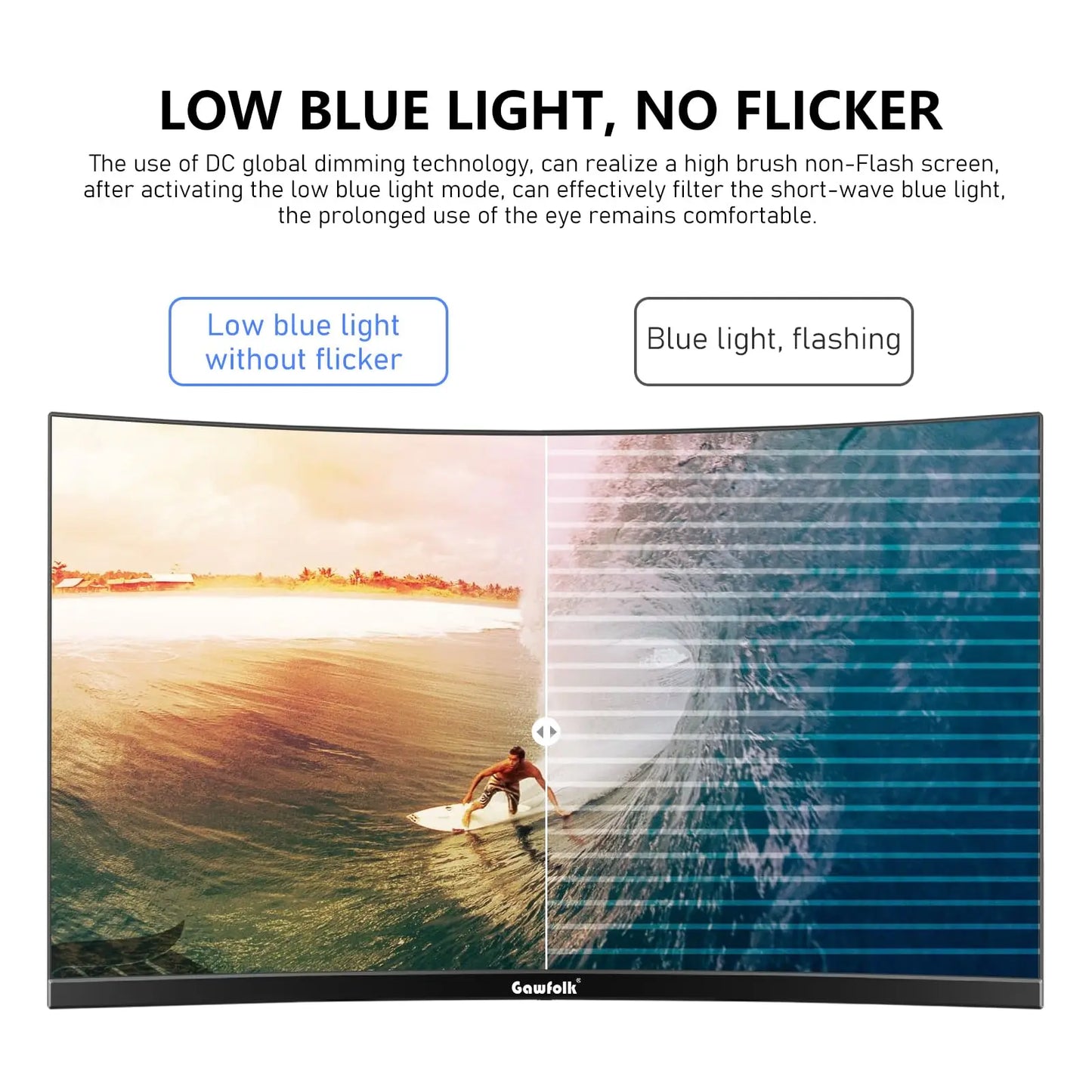 Comparison of low blue light and blue light with flicker on a screen, featuring a surfer and a person underwater.