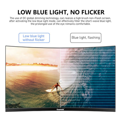 Comparison of low blue light and blue light with flicker on a screen, featuring a surfer and a person underwater.