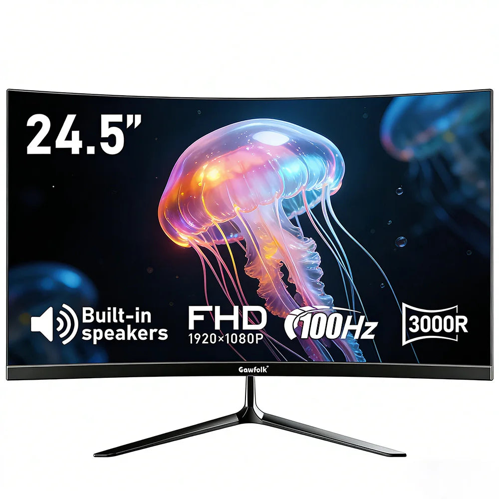 Curved monitor with jellyfish graphic and specifications on a white background