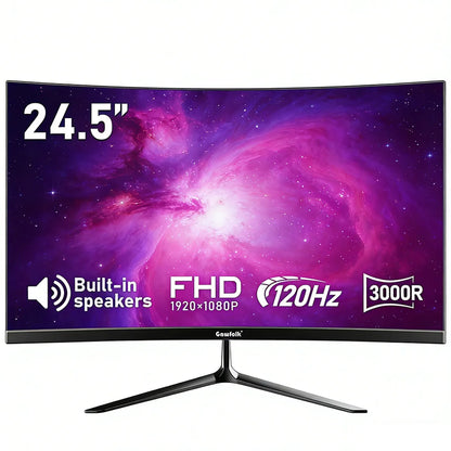 Curved monitor with galaxy display, specifications text, and brand logo.