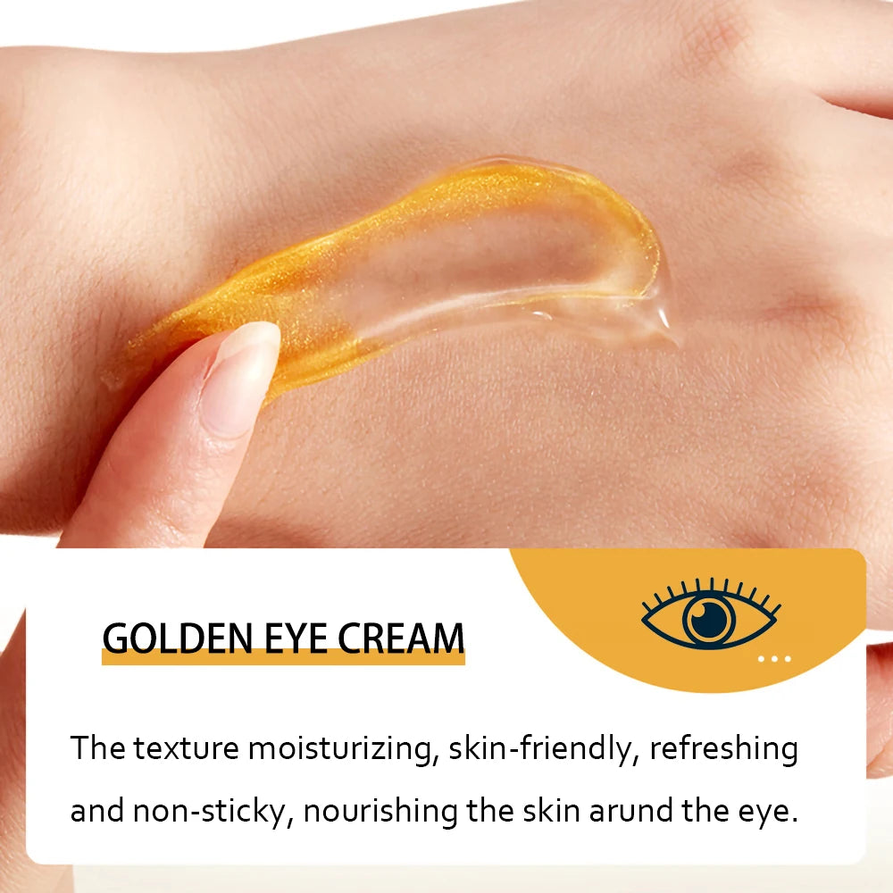 Hand applying golden eye cream to skin with product description text.