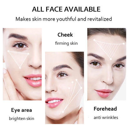 Facial treatment zones with text indicating effects on skin