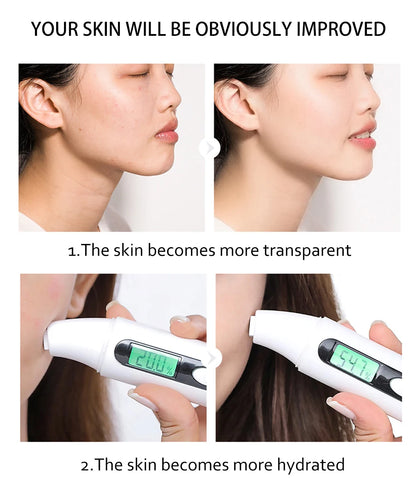 Before and after comparison of skin improvement with a device, showing increased transparency and hydration.