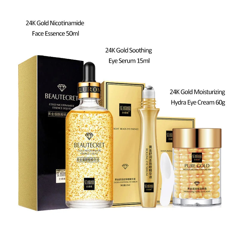 Beauteecret 24K Gold skincare product set including Face Essence, Eye Serum, and Hydra Eye Cream on a white background.