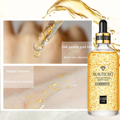 BEAUTESECRET gold serum bottle with dropper and text highlighting features on a white background