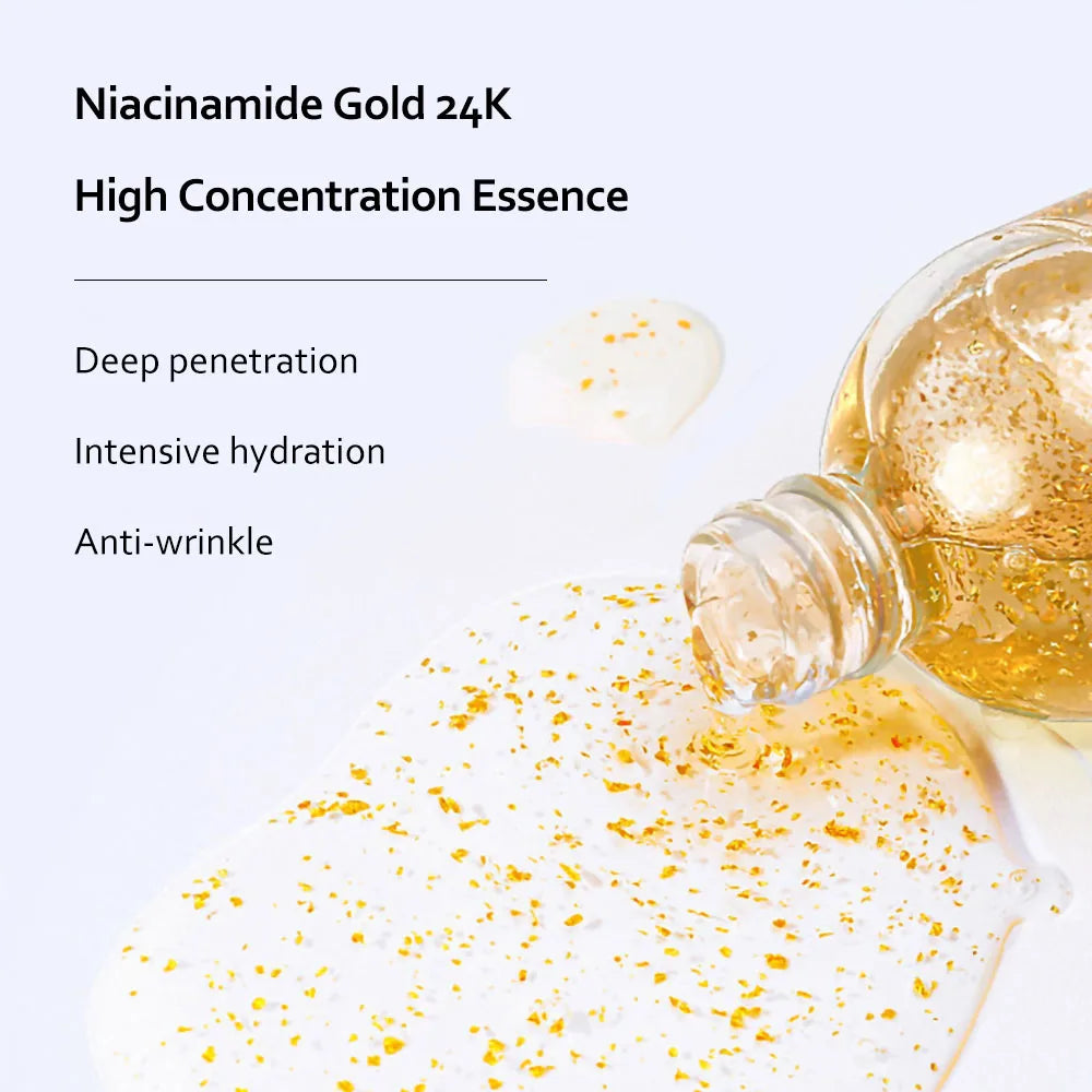 Gold bottle of Niacinamide Gold 24K High Concentration Essence with text on a white background