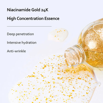 Gold bottle of Niacinamide Gold 24K High Concentration Essence with text on a white background