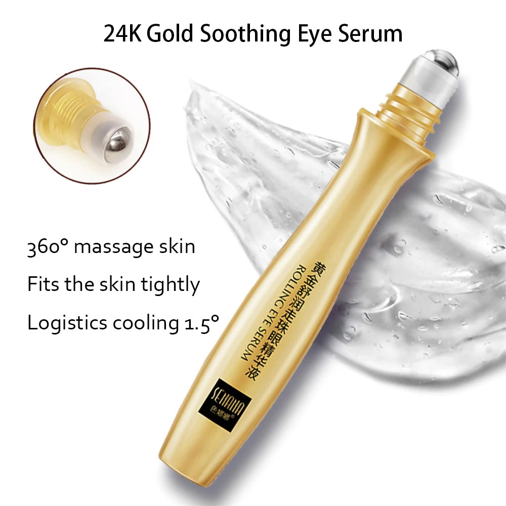 Gold 24K Gold Soothing Eye Serum with clear gel and text on a white background