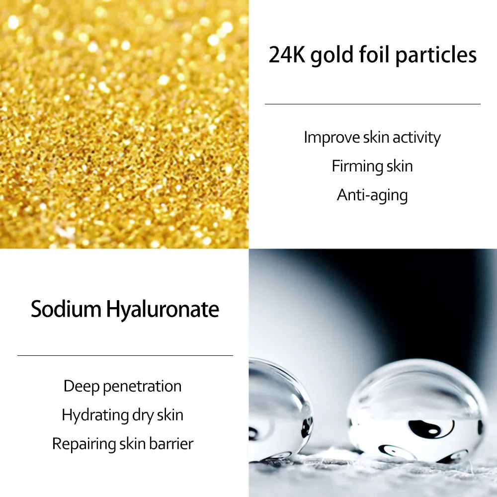 24K gold foil particles and Sodium Hyaluronate with text describing their benefits.