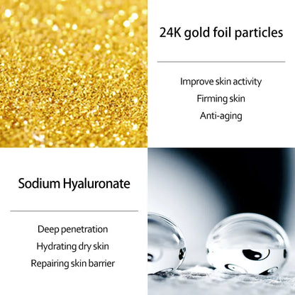 24K gold foil particles and Sodium Hyaluronate with text describing their benefits.