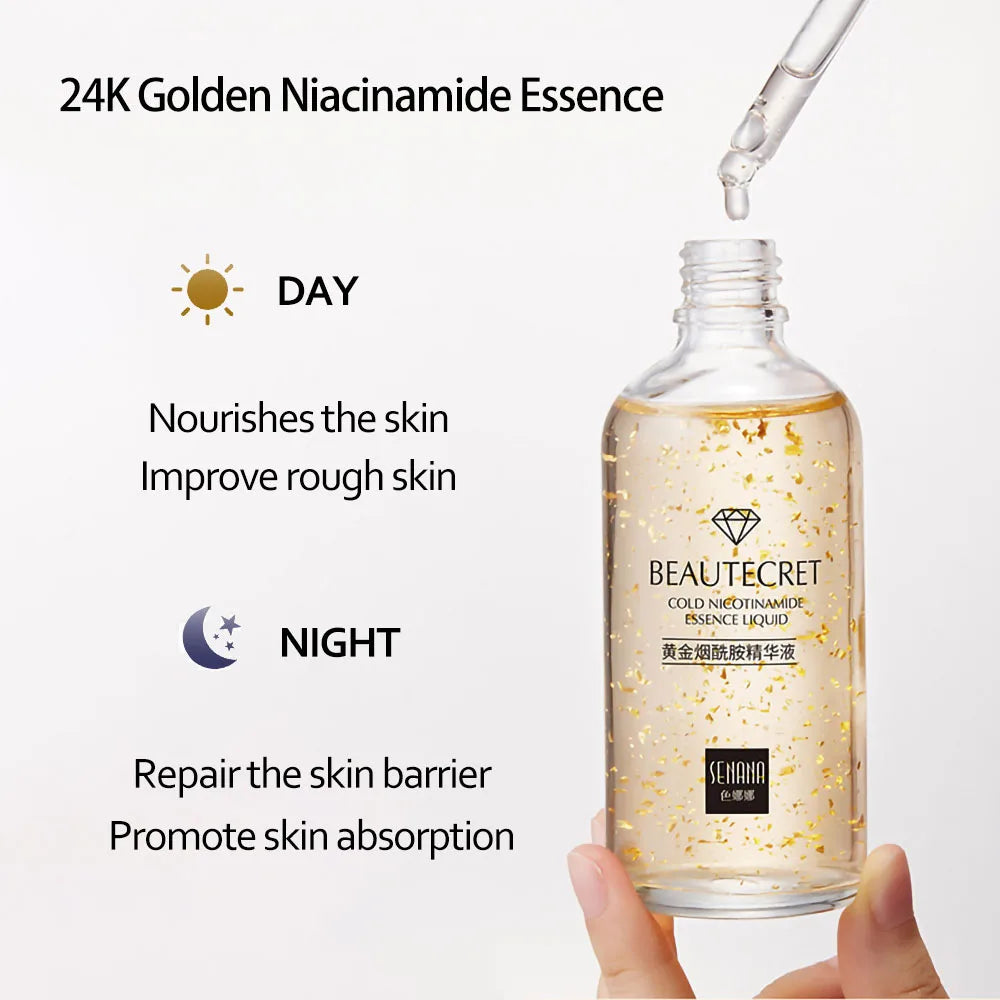 BEAUTESECRET 24K Golden Niacinamide Essence bottle with dropper on a white background