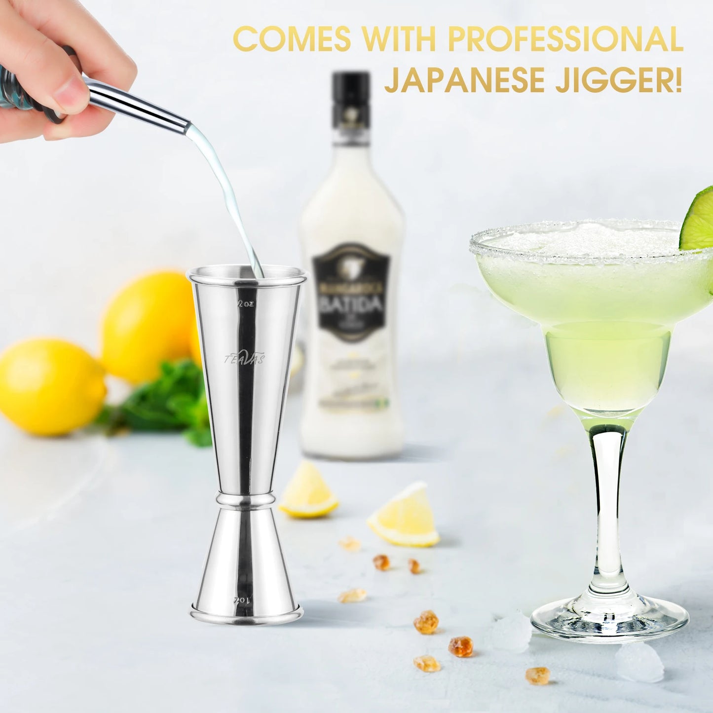 Cocktail shaker with a bottle and glass in the background, featuring text about a professional Japanese jigger.