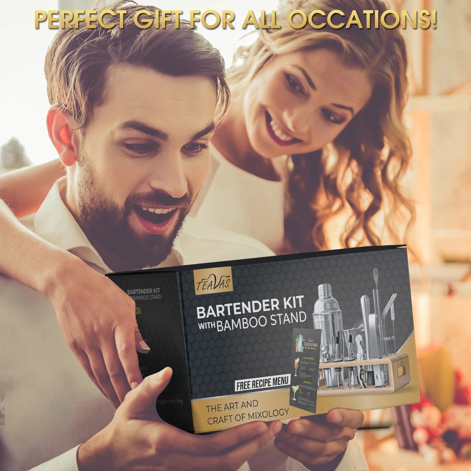 Bartender kit with bamboo stand held by a couple, with text 'Perfect gift for all occasions'.