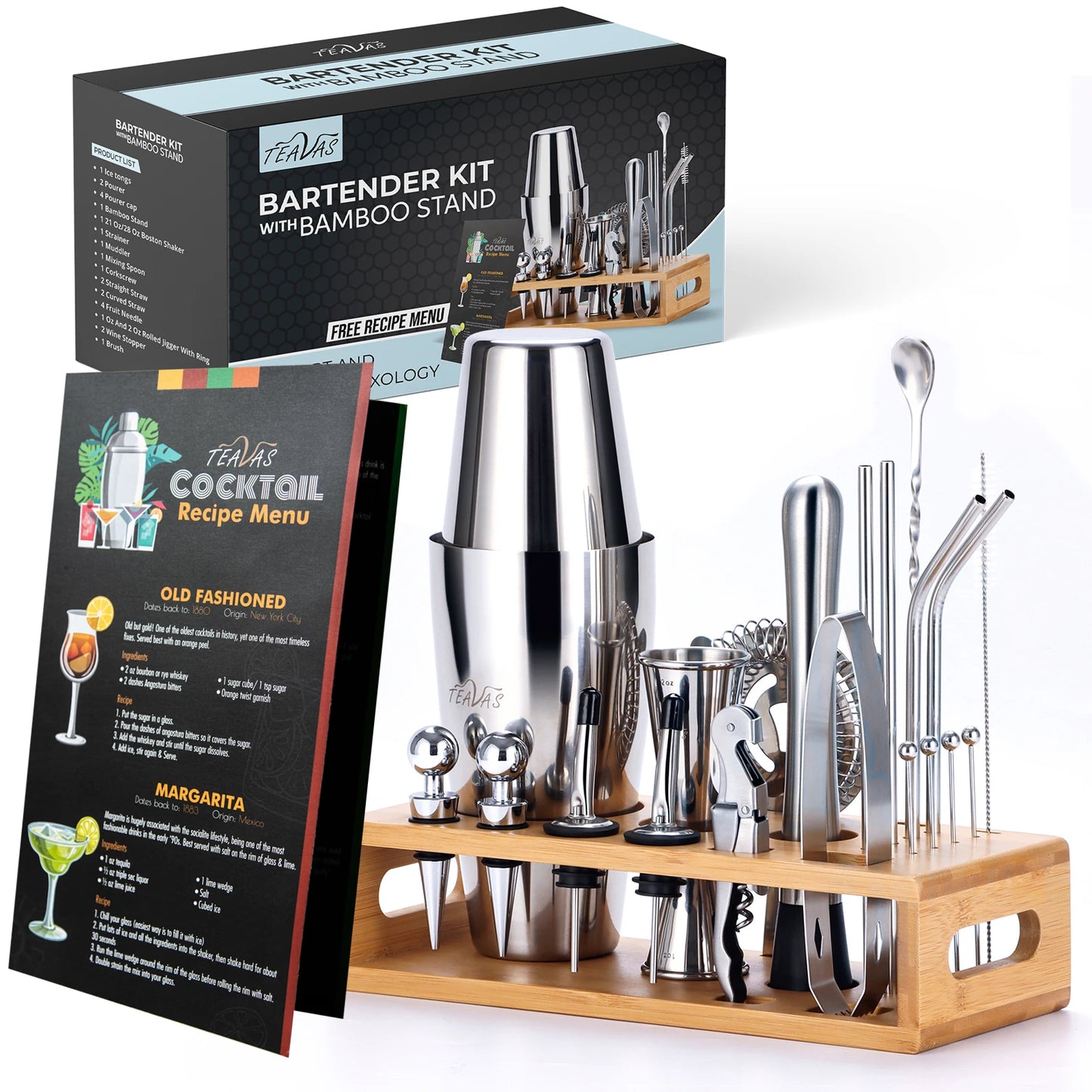 Bartender kit with bamboo stand, shakers, and tools in front of packaging on a white background