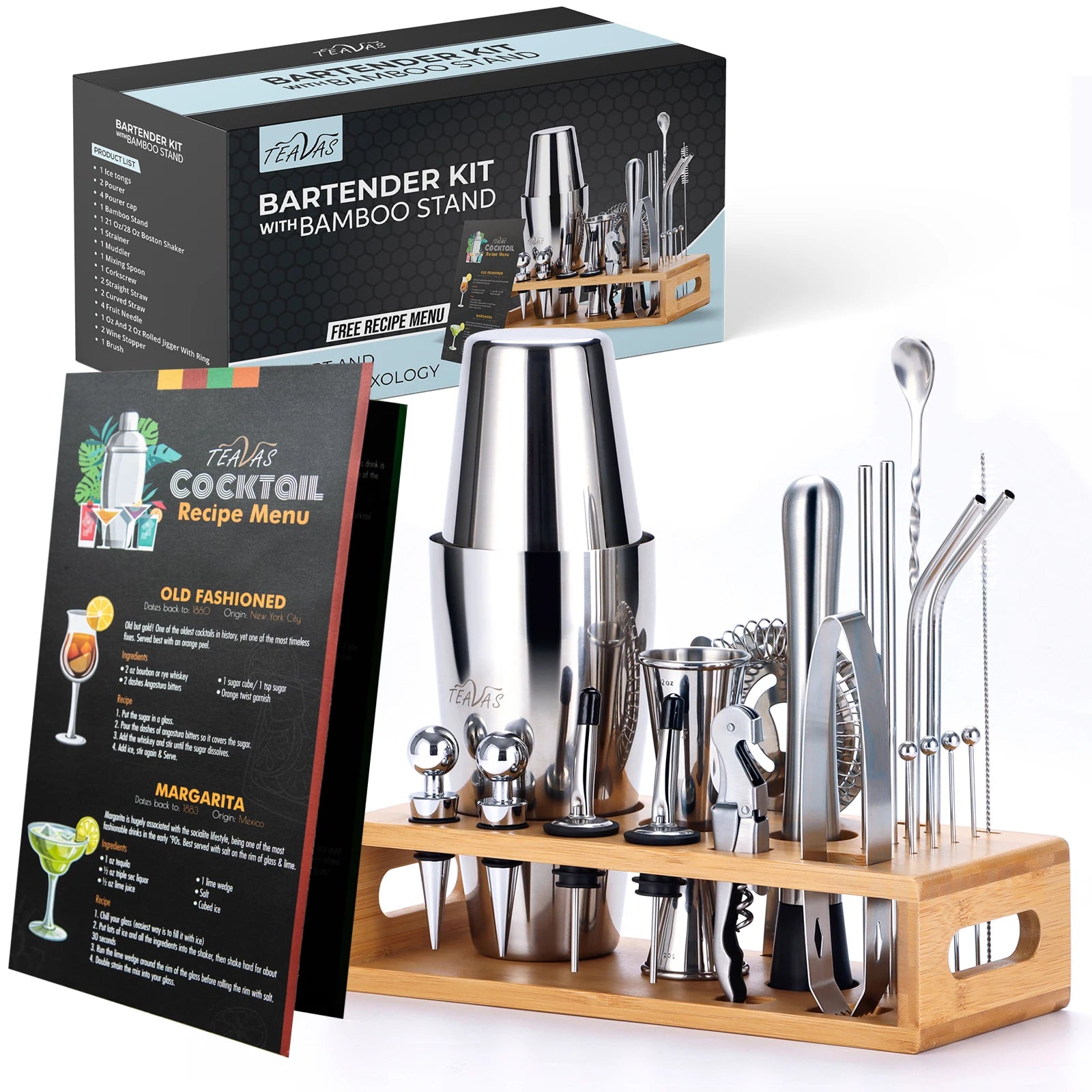Bartender kit with bamboo stand, shakers, and tools in front of packaging on a white background