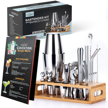 Bartender kit with bamboo stand, shakers, and tools in front of packaging on a white background