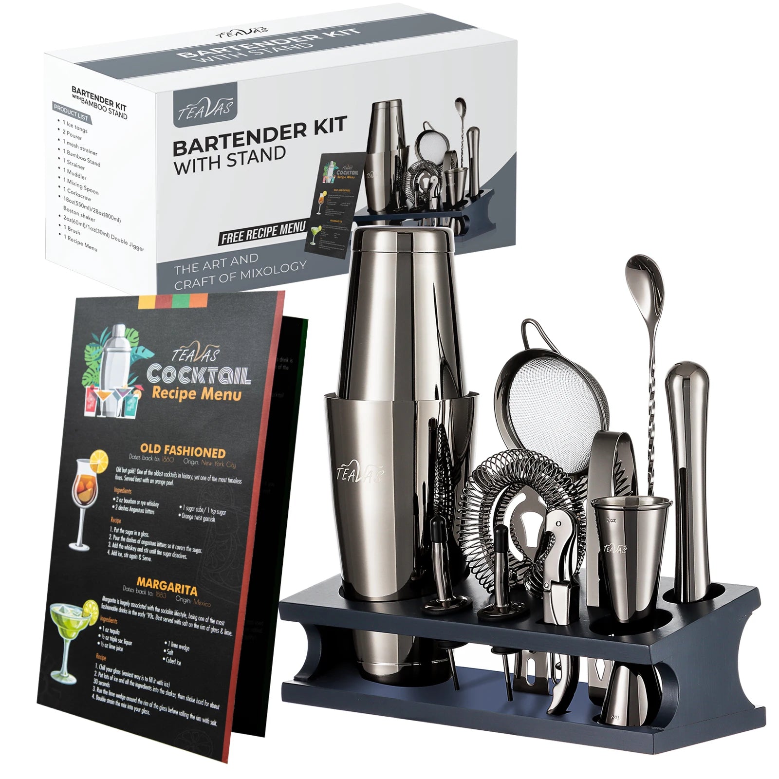 Bartender kit with stand and cocktail recipe menu on a white background