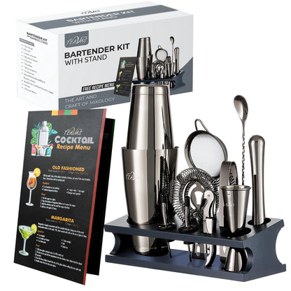 Bartender kit with stand and cocktail recipe menu on a white background