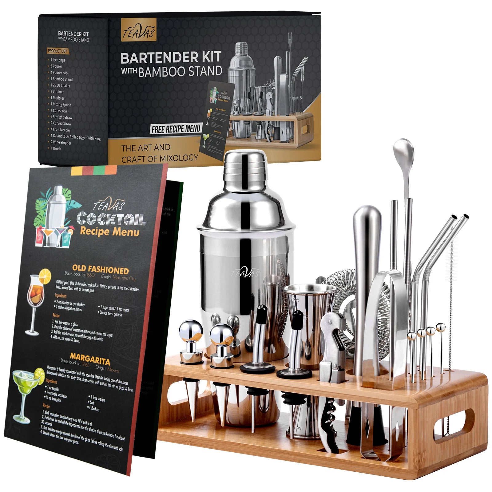 Bartender kit with bamboo stand, cocktail shaker, and recipe menu on a white background