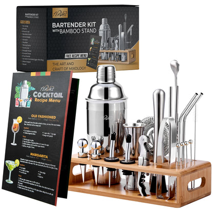 Bartender kit with bamboo stand, cocktail shaker, and recipe menu on a white background