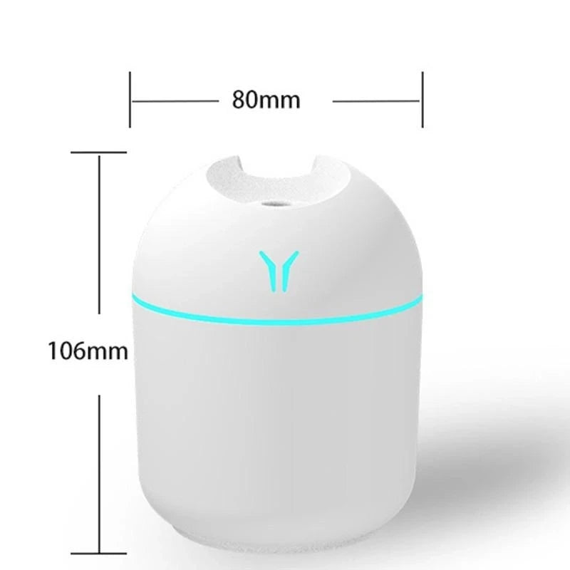 White humidifier with blue light indicator and dimensions labeled on a white background