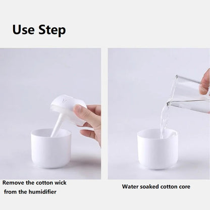 Step-by-step guide on using a humidifier with cotton wick, showing removal of wick and soaking cotton core.