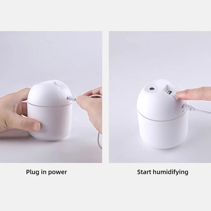 Step-by-step guide on how to use a white humidifier with text labels 'Plug in power' and 'Start humidifying'.