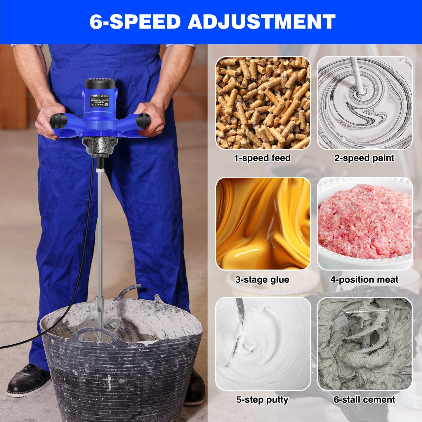 Person using a mixer with images showing different applications of the 6-speed adjustment.