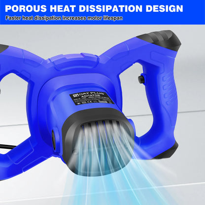 Blue pressure washer with water spray and text about porous heat dissipation design.