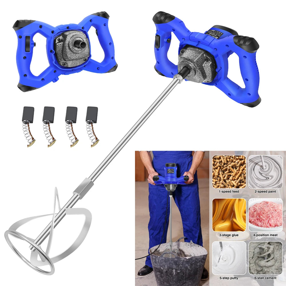 Blue electric mixer with attachments and usage scenarios on a white background