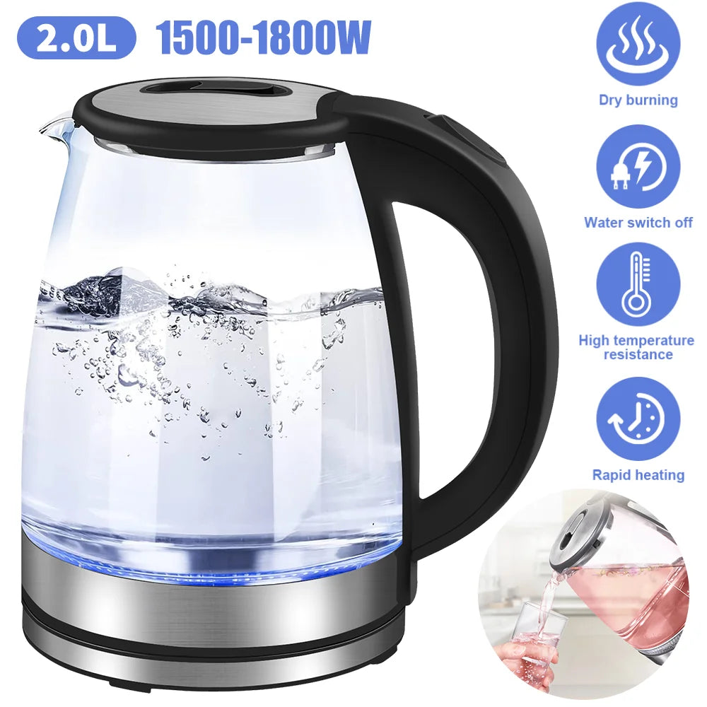 Electric kettle with clear glass body and black handle, featuring specifications and icons on a white background.
