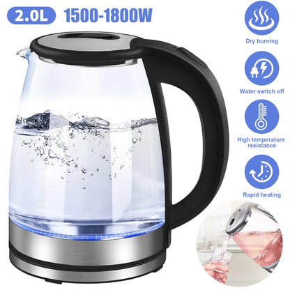 Electric kettle with clear glass body and black handle, featuring specifications and icons on a white background.