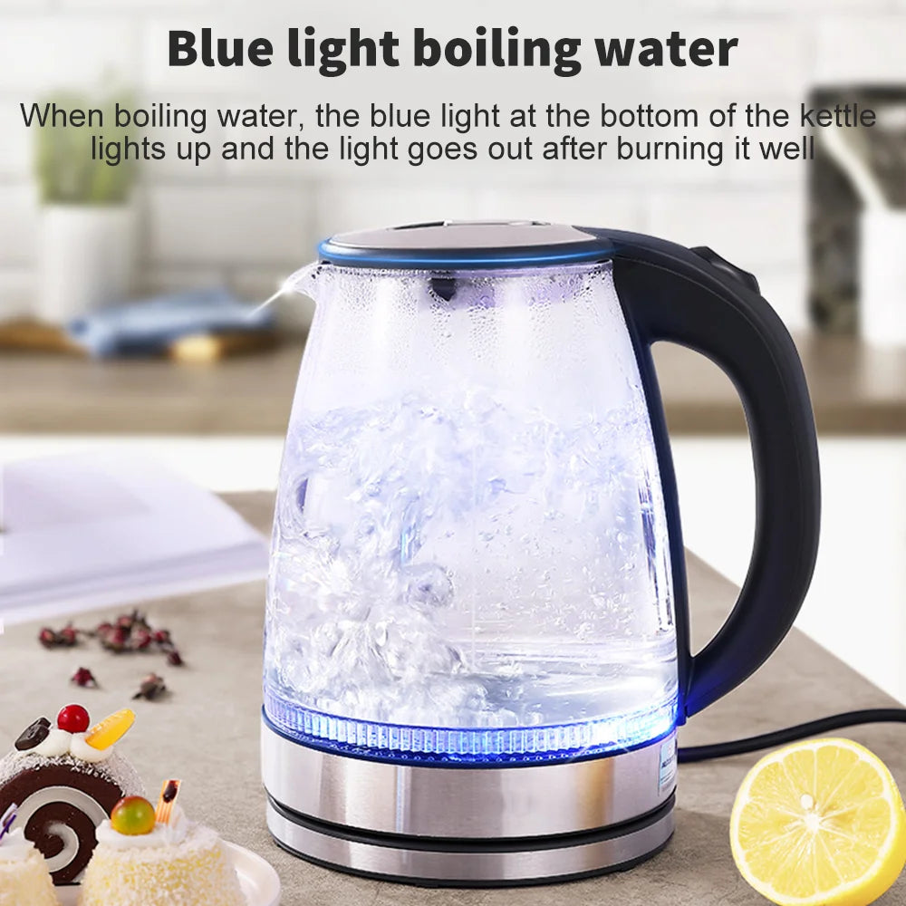 Glass electric kettle with blue light indicator on a kitchen counter