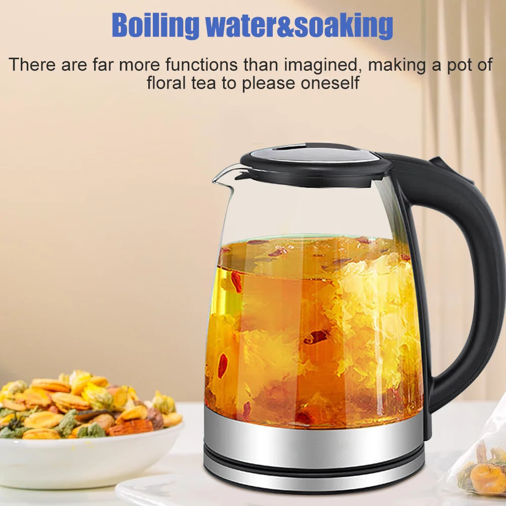 Glass electric kettle with floral tea and text about boiling water and soaking