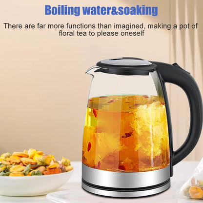 Glass electric kettle with floral tea and text about boiling water and soaking