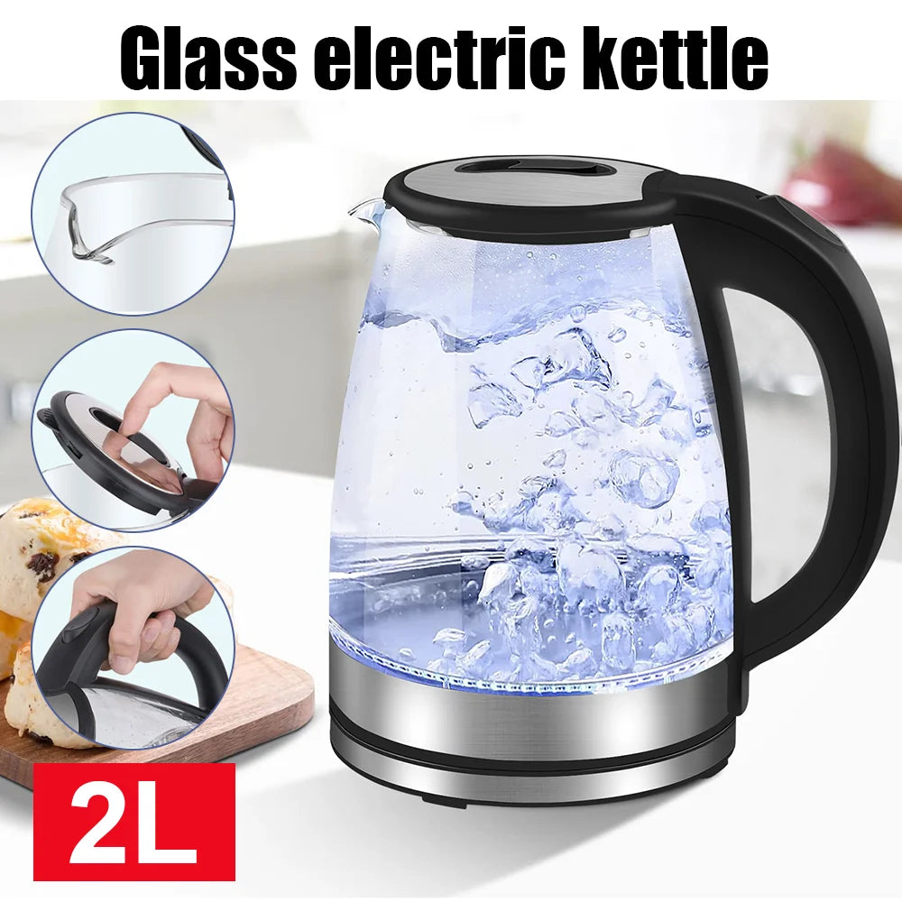 Glass electric kettle with water inside, surrounded by close-up insets and text indicating 2L capacity.