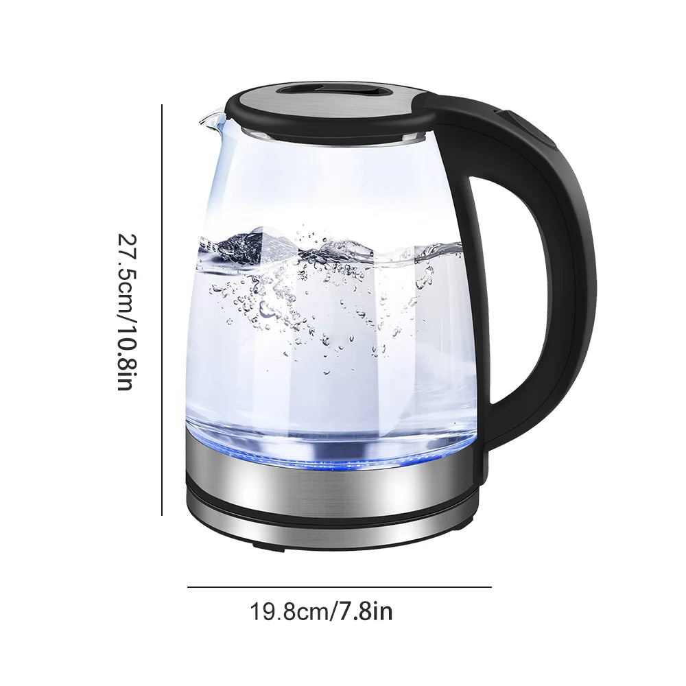 Glass electric kettle with black handle and measurements on a white background