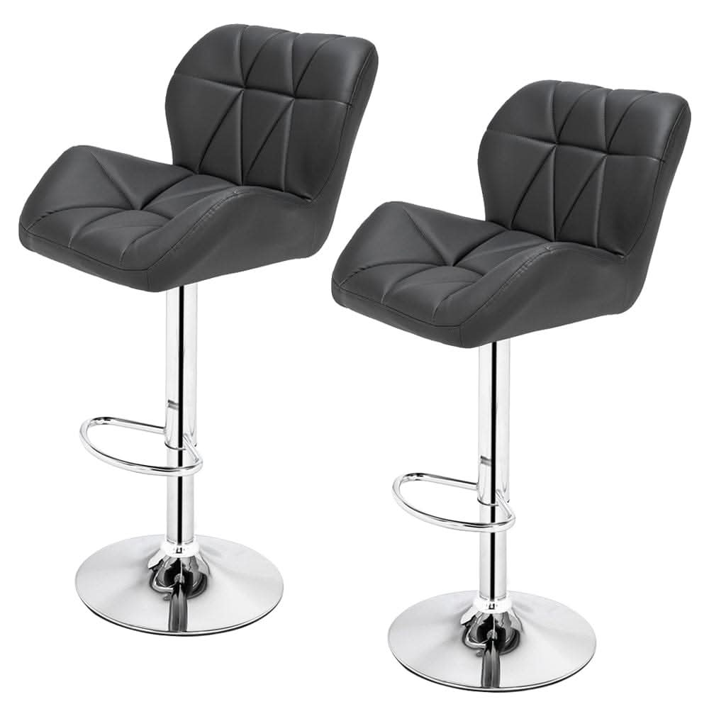 Modern Adjustable Bar Stools Set of 2 PU Leather Swivel Kitchen Chairs Grey Dark